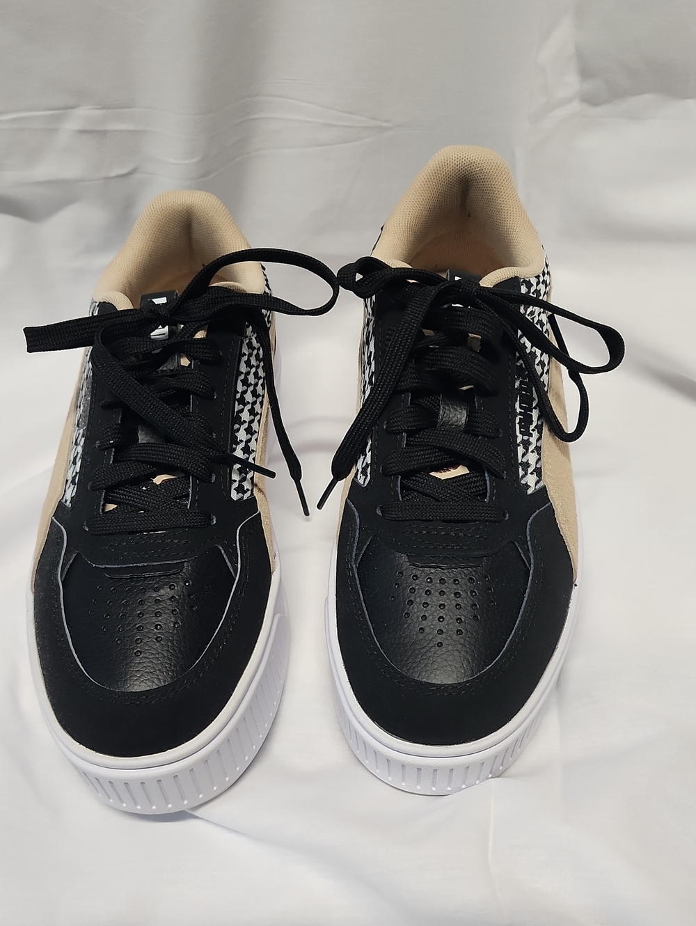 Puma Black, Beige and White Lace-Up Sneakers with Houndstooth Accent